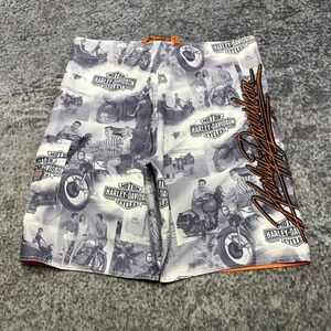 Harley Davidson Board Shorts Mens 34 Gray Biker Motorcycle Collage Swim Trunks